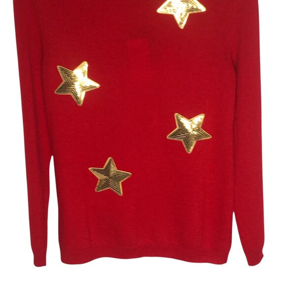 Cashmere  Sweater Womens Medium Red Turtleneck Gold Sequin Stars Celestial - Picture 10 of 16